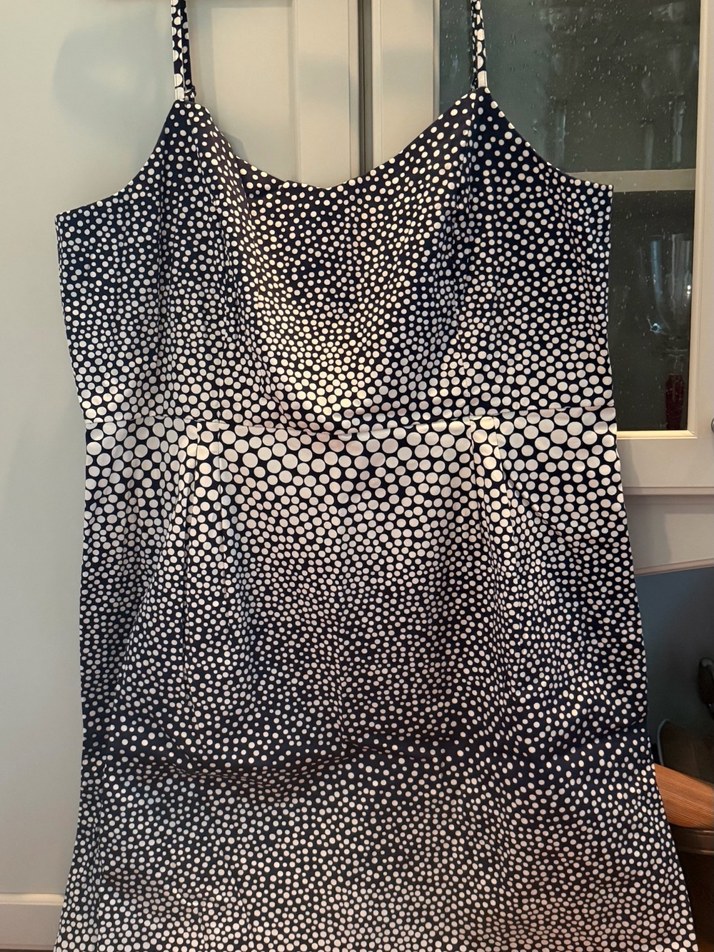 LOFT Navy Dress with Tan Polka Dots and Spaghetti Straps